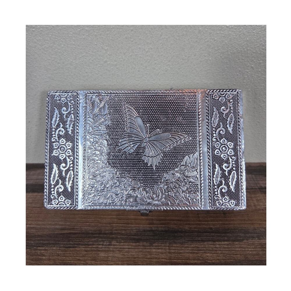 Silver Plated Butterfly Floral Design Jewelry Box with Purple Velvet Lining